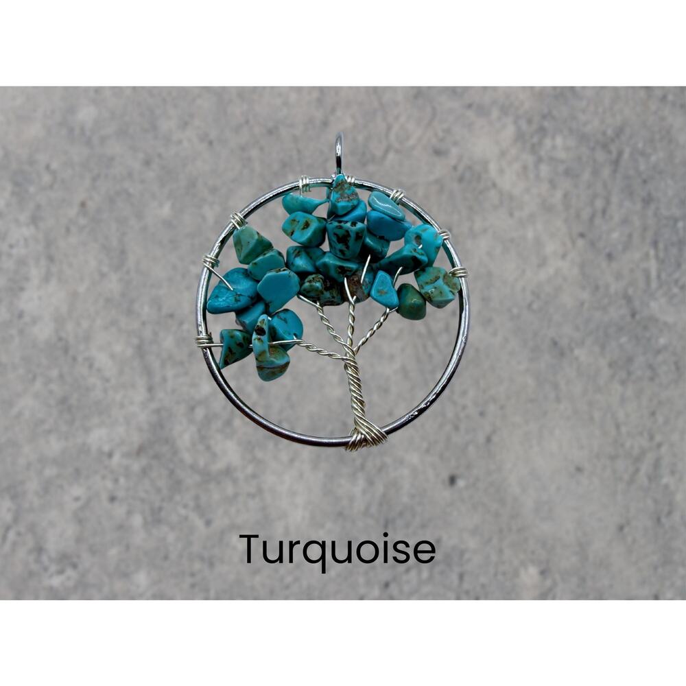 Turquoise Tree of Life Silver Necklace Crystal Pendant Fairycore Boho